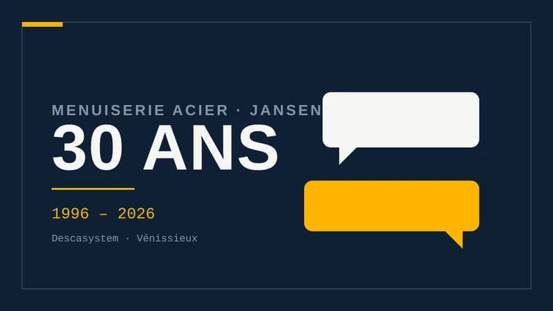 Visuel bleu nuit portant en grand « 30 ANS », avec le surtitre Menuiserie acier Jansen, la mention 1996 – 2026 et un motif de bulles à droite