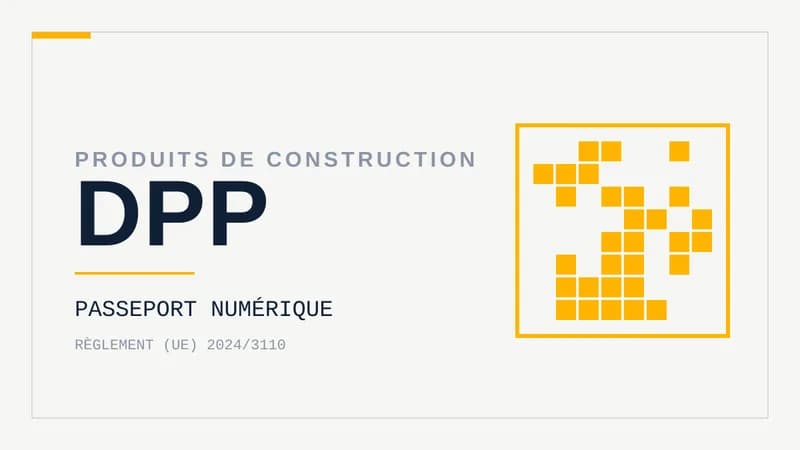 Trame de marquage carrée encadrée en jaune à côté du sigle DPP, évoquant l'étiquetage numérique des produits de construction