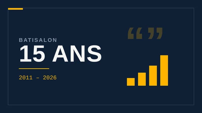 Visuel typographique sur fond bleu nuit : le texte « 15 ANS » en grandes lettres sous le surtitre « BATISALON », avec la mention 2011 – 2026 et un motif d'histogramme à droite.