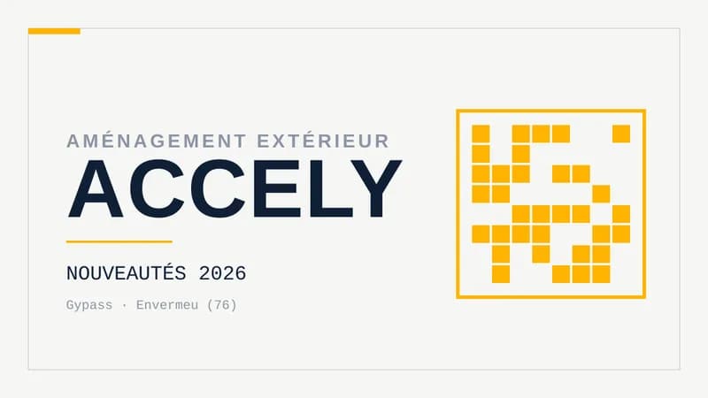 Visuel typographique sur fond clair affichant le mot ACCELY en grandes lettres, surmonté de la mention « Aménagement extérieur », avec une trame géométrique à droite.
