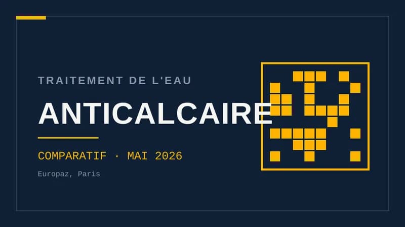 Visuel typographique sur fond bleu nuit portant le mot « ANTICALCAIRE » en grand, surmonté de la mention « Traitement de l'eau », avec une trame géométrique à droite
