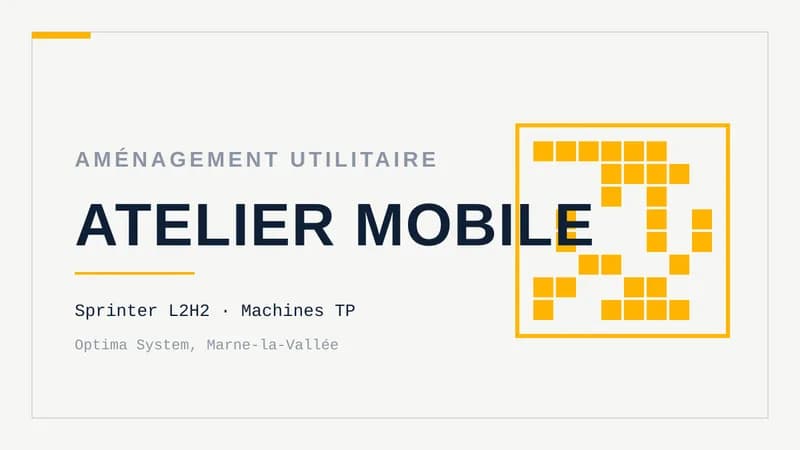 Visuel typographique sur fond clair portant les mots « Atelier mobile » en grand, surmontés de la mention « Aménagement utilitaire », avec une trame géométrique à droite et la référence Sprinter L2H2.