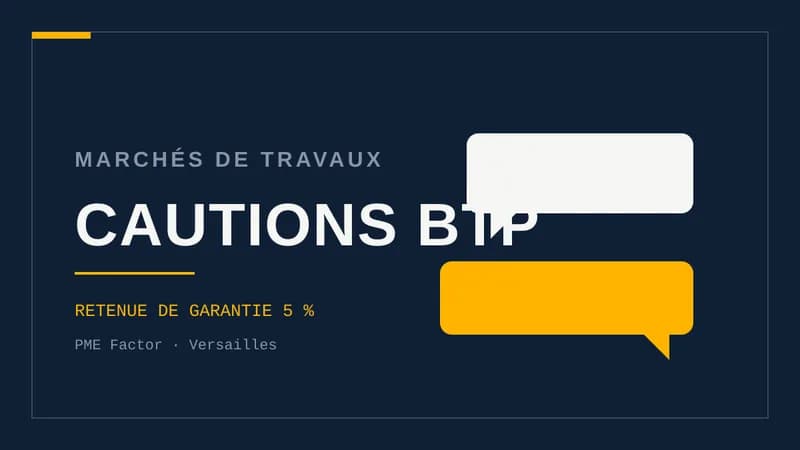 Visuel typographique sur fond bleu nuit : le mot CAUTIONS BTP en grand, surmonté de « Marchés de travaux », avec la mention « Retenue de garantie 5 % » et des bulles géométriques à droite.