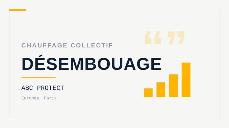 Visuel typographique sur fond clair portant le mot « DÉSEMBOUAGE » en grand, surmonté de la mention « Chauffage collectif », avec un histogramme géométrique à droite