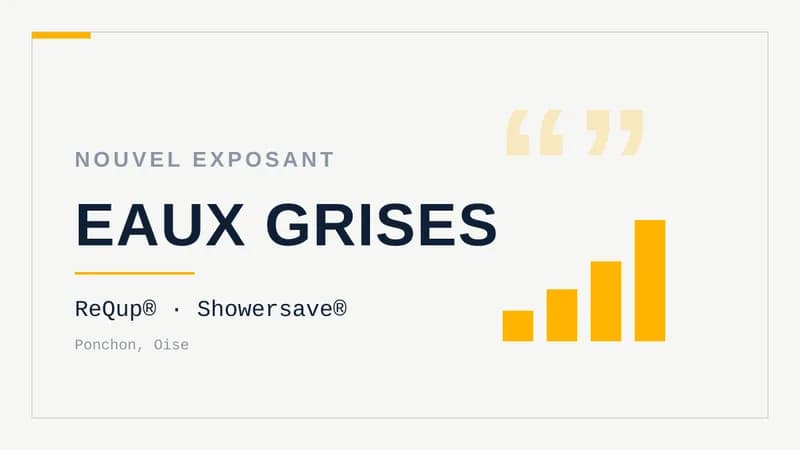 Visuel typographique sur fond clair : le titre « EAUX GRISES » en grandes lettres, surmonté de la mention « Nouvel exposant », avec ReQup® et Showersave® en sous-titre et un motif d'histogramme à droite.