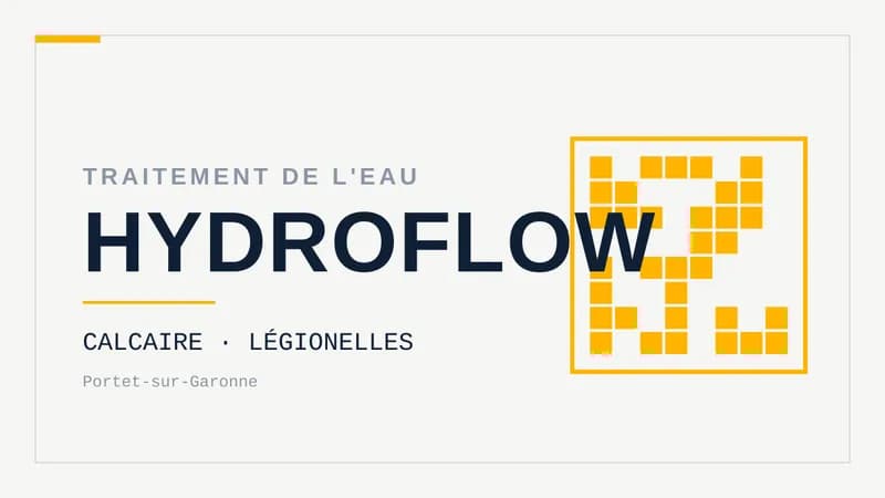Visuel typographique sur fond clair : le mot HYDROFLOW en grand, surtitre « Traitement de l'eau », mentions calcaire et légionelles, et un motif de trame géométrique à droite.