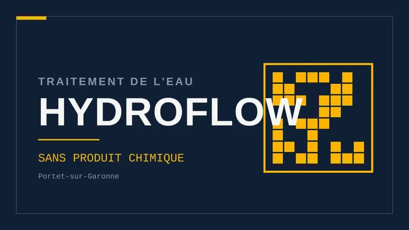Visuel typographique sur fond bleu nuit portant le mot HYDROFLOW en grand, avec le surtitre Traitement de l'eau et la mention Sans produit chimique.