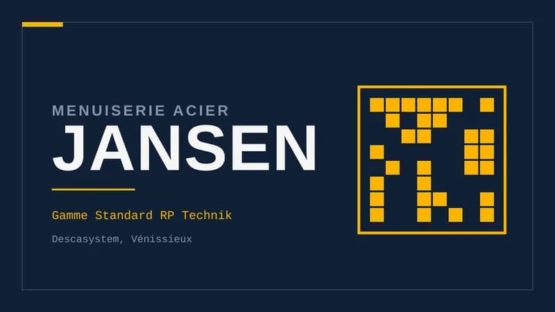 Visuel typographique sur fond bleu nuit affichant le mot JANSEN en grand, avec le surtitre Menuiserie acier et la mention Descasystem, Vénissieux