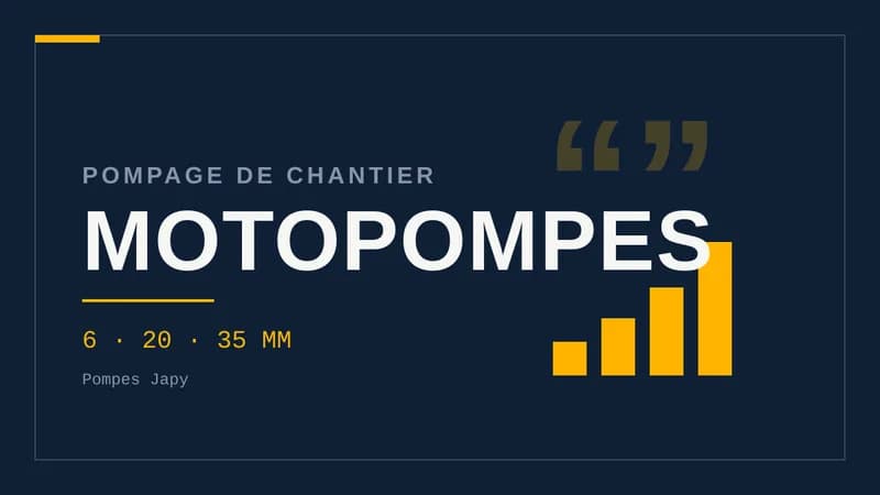 Visuel typographique sur fond bleu nuit : le mot MOTOPOMPES en grand sous la ligne « Pompage de chantier », avec la mention « 6 · 20 · 35 mm » et « Pompes Japy », accent en histogramme à droite.