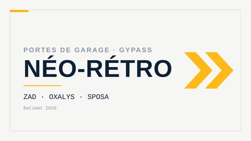Visuel typographique sur fond clair : le mot NÉO-RÉTRO en grand, surmonté de la mention portes de garage GYPASS, avec les noms Zad, Oxalys et Sposa et des chevrons à droite.