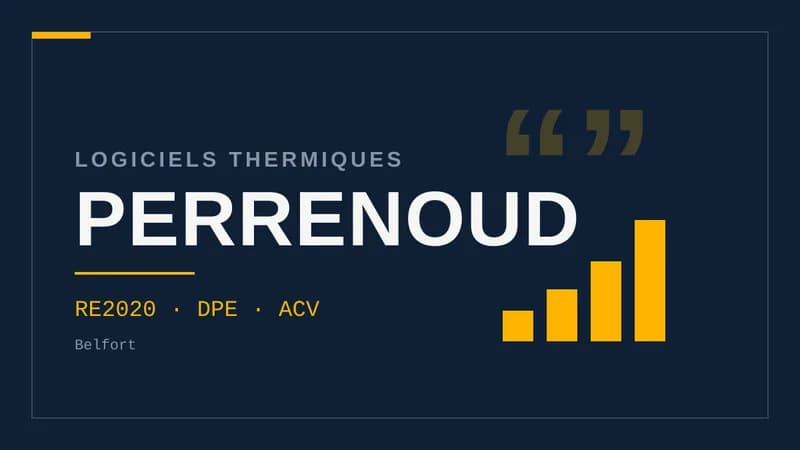 Visuel typographique sur fond bleu nuit affichant le mot PERRENOUD en grand, surmonté de la mention Logiciels thermiques, avec un motif d'histogramme à droite