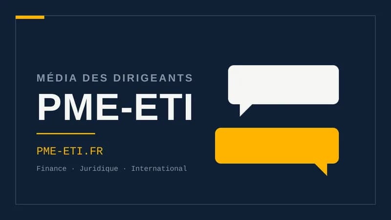 Visuel typographique sur fond bleu nuit : le mot PME-ETI en grand, surmonté de la mention Média des dirigeants, avec un motif de bulles à droite.