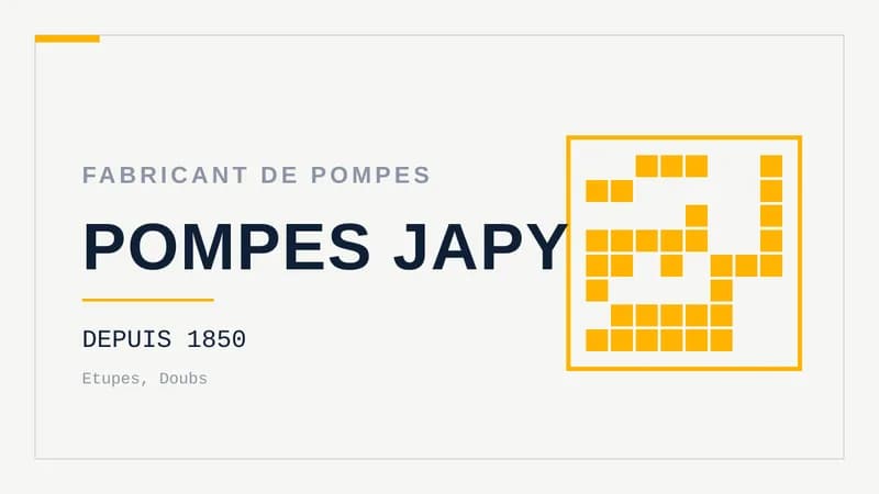 Visuel typographique sur fond clair : le nom POMPES JAPY en grand, surmonté de « Fabricant de pompes », avec la mention « Depuis 1850 » et « Etupes, Doubs », accent géométrique en trame à droite.