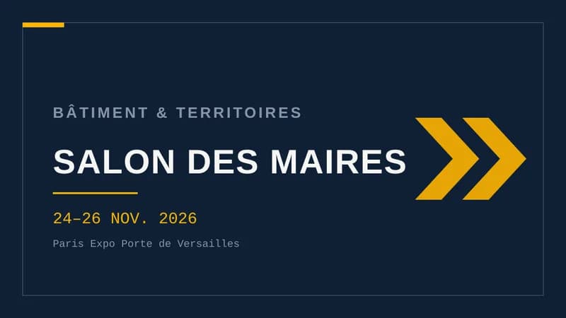 Visuel typographique sur fond bleu nuit portant en grand « SALON DES MAIRES », surmonté de « Bâtiment & territoires », avec les dates du 24 au 26 novembre 2026 et un motif de chevrons à droite.