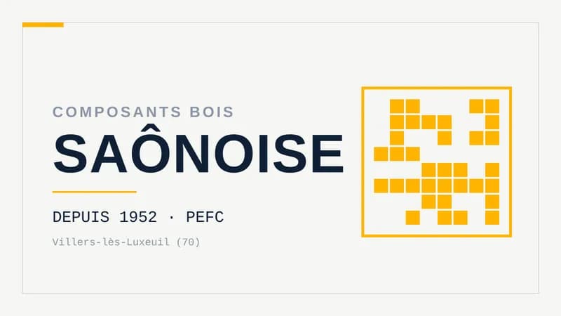 Visuel typographique sur fond clair : le mot SAÔNOISE en grand, surmonté de la mention Composants bois, avec un motif de trame géométrique à droite.