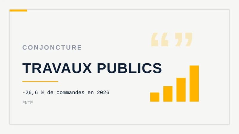 Visuel typographique sur fond clair : les mots TRAVAUX PUBLICS en grand, surmontés de « Conjoncture », avec un histogramme à droite et la mention d'une baisse de 26,6 % des commandes en 2026.
